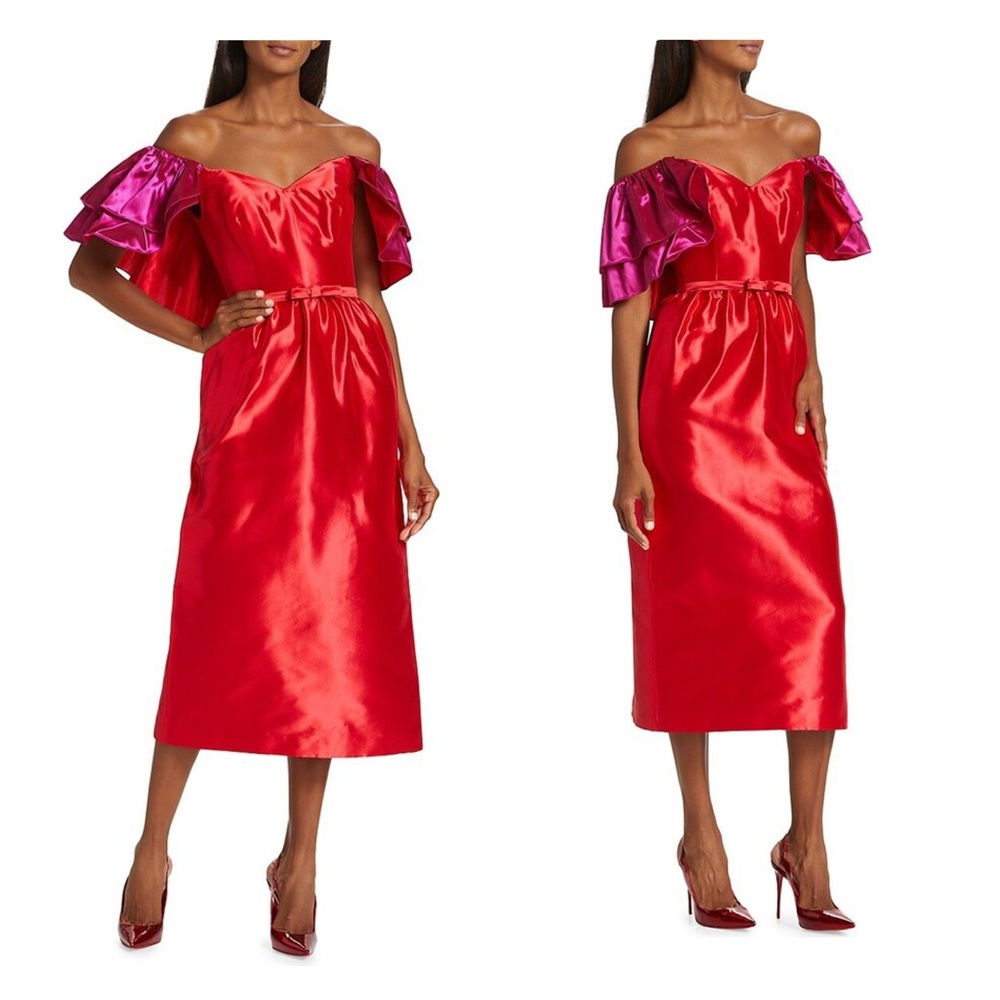 Markarian Red Pink Midi Dress Off Shoulder Silk Linen 14 Wedding Formal Nwt — image 3 of 8